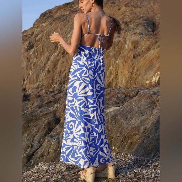 GOA Paris Blue and White Ikat Print  Maxi Dress Cotton Excellent Size M - Picture 1 of 10